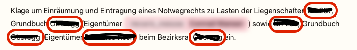 Open AI Privacy Filter erkennt die genannten Parzellen und Grundbücher in diesem Beispiel nicht Textabschnitt mit getrübten, redigierten Stellen